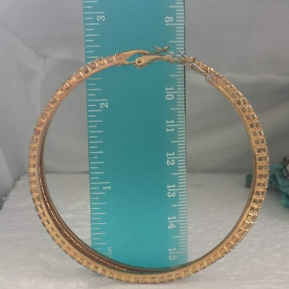 Large Hoop Earrings Rhinestone Gold Statement - Picture 3 of 10